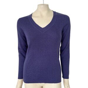 L.L. BEAN Merino Wool Blend Ribbed V-neck Elbow Patch Sweater in Purple  SZ M